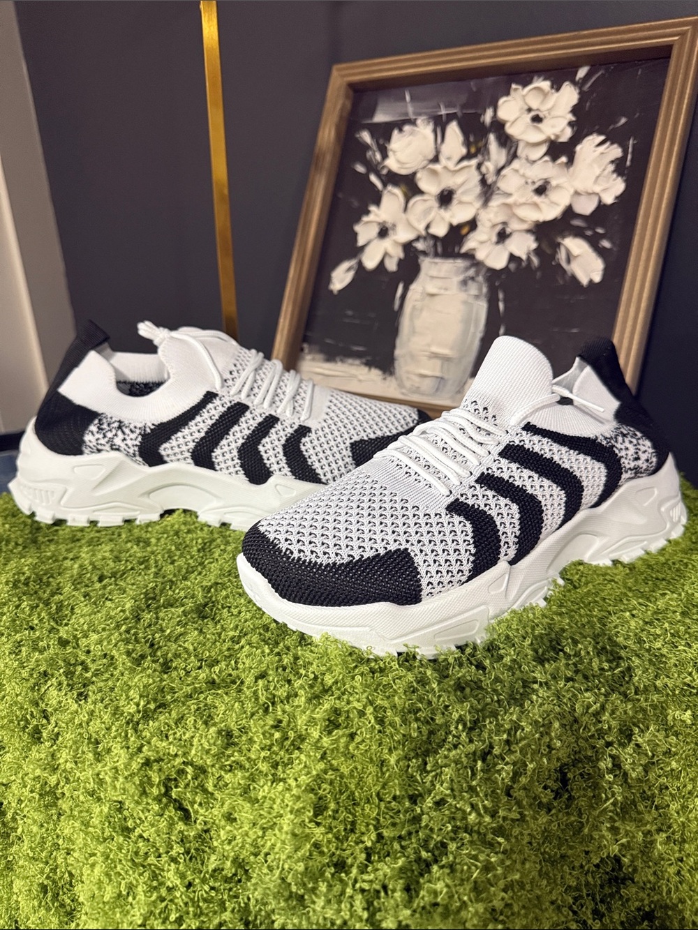Knit Slip-On Athletic Sneakers in Black & White